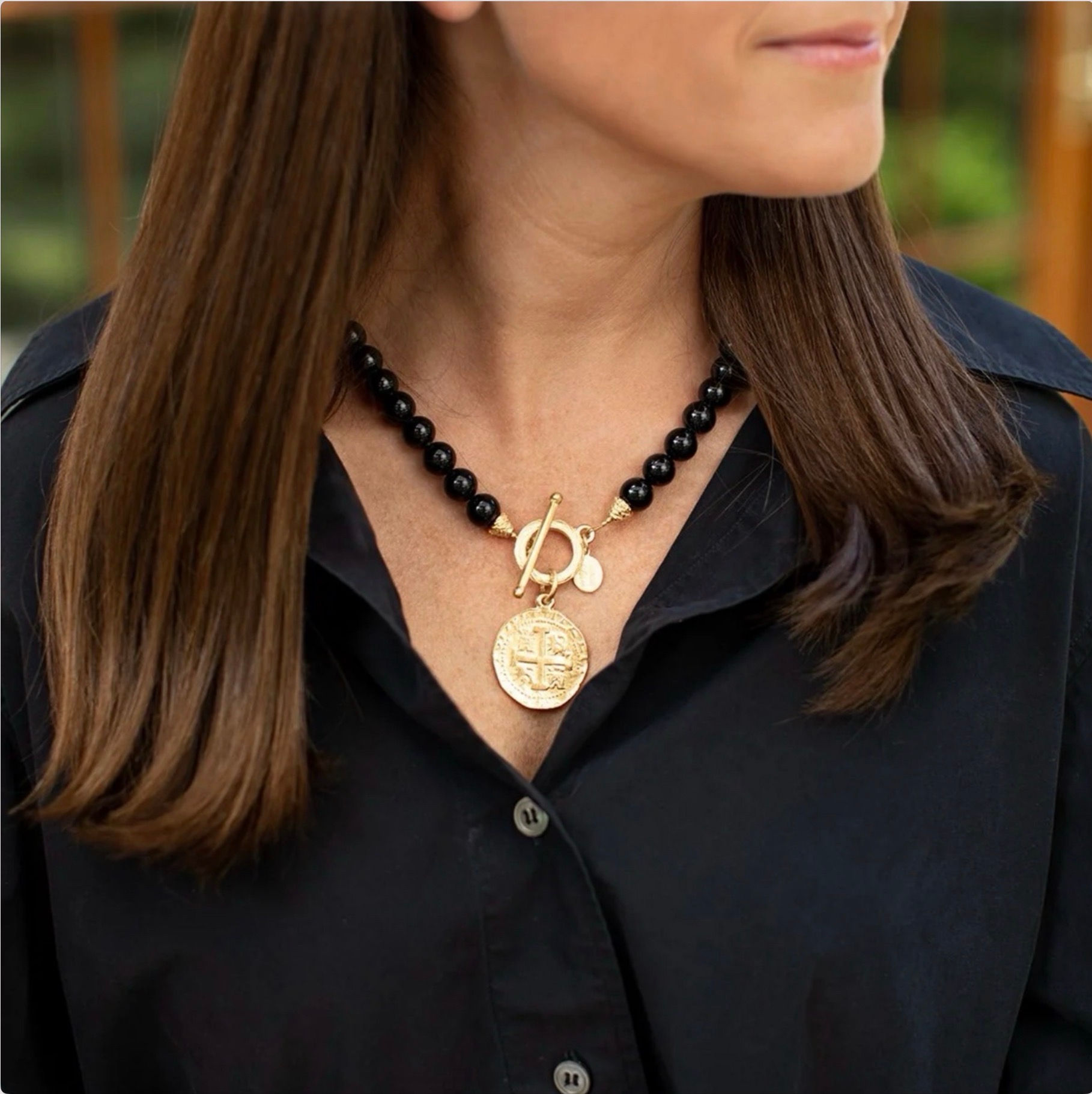 Susan Shaw Coin Toggle Onyx Necklace Gift Jewelry
