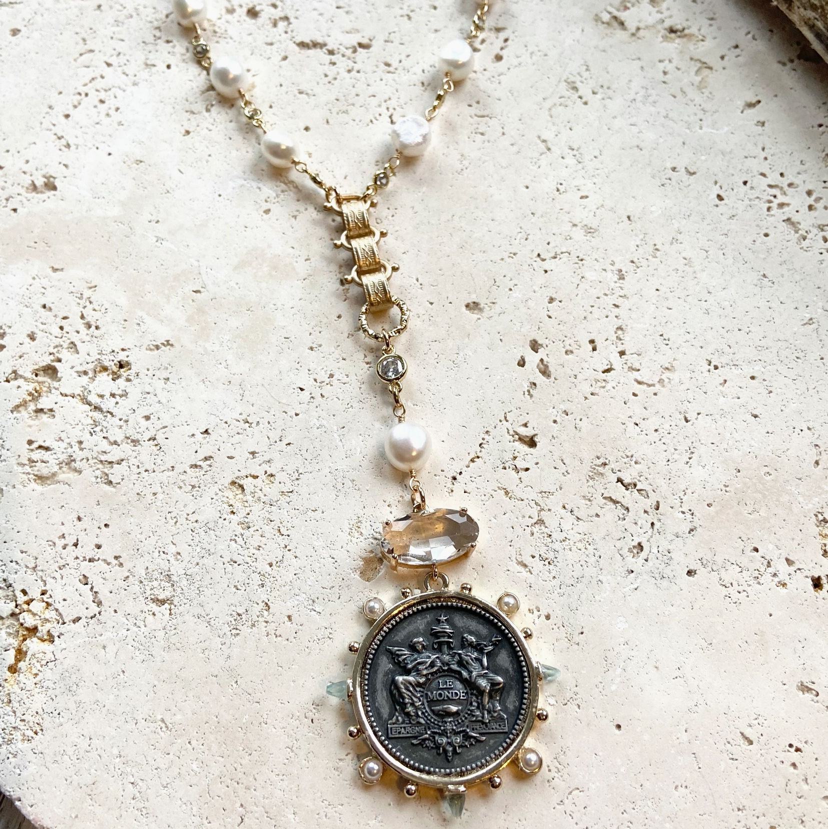 VB & Co French Coin Medallion Long Paperclip Chain Necklace Jewelry