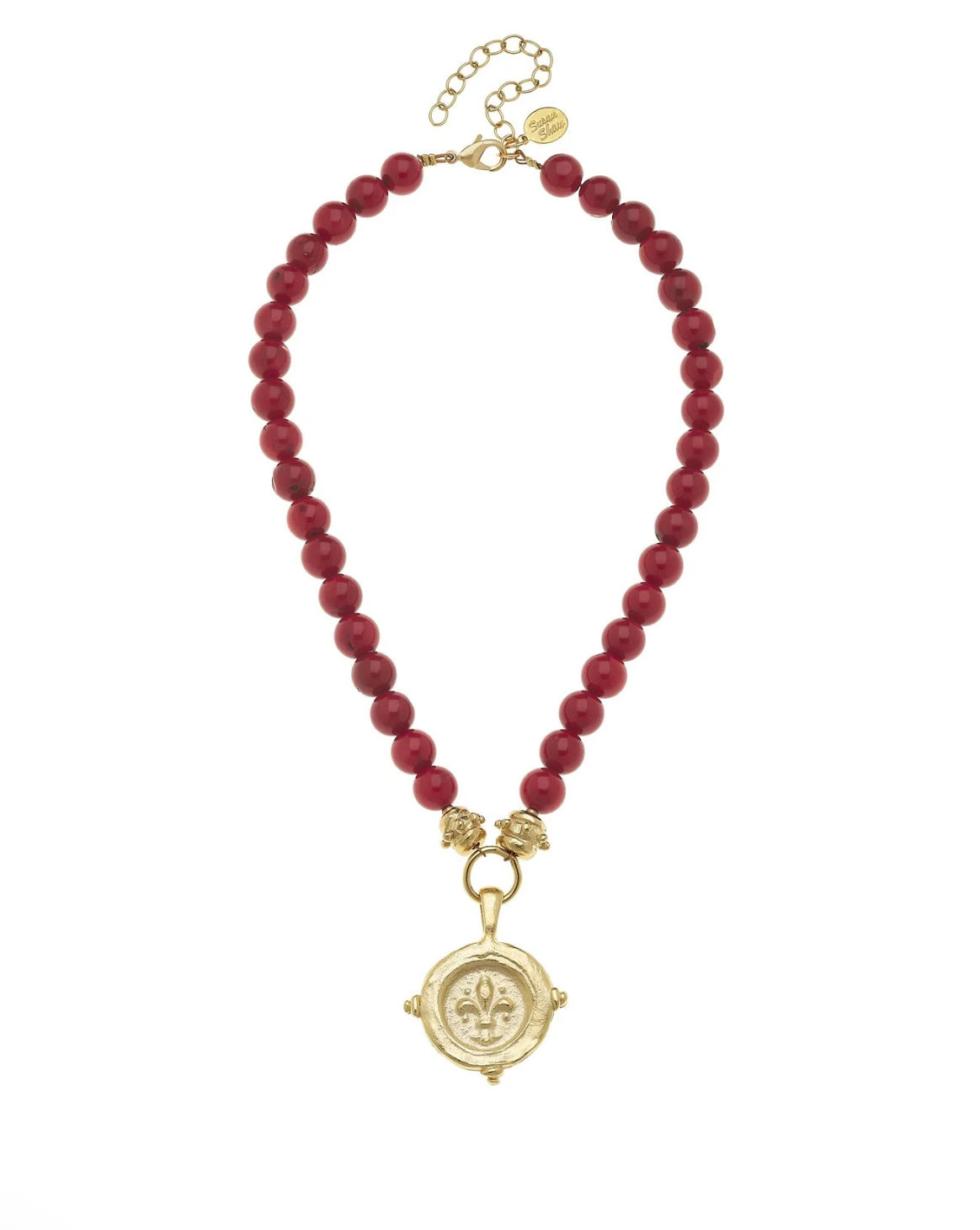 Susan Shaw  Red Coral - 3909FG Fleur De Lis Intaglio Charm Coral Necklace