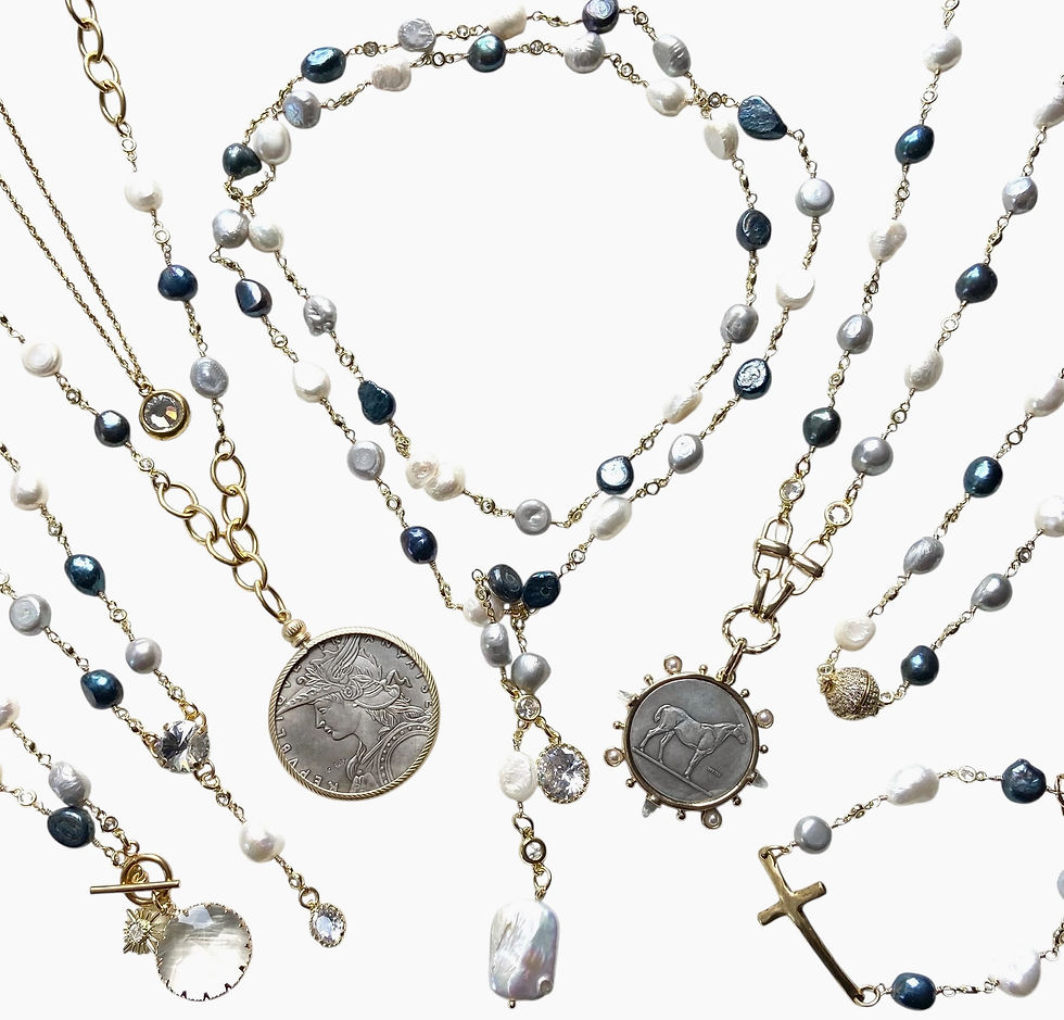 Thumbnail: VB &Co  Equestrian Coin Necklace Baroque Denim Pearls Mix-Derby Luxe