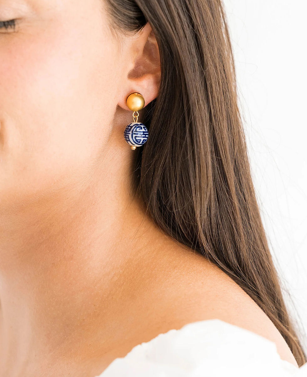 Thumbnail: Susan Shaw Blue & White Margaret Drop Earrings 24K TP Gold