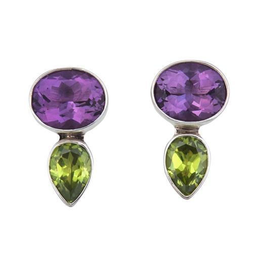Sterling Silver Amethyst and Synthetic Peridot Post Earrings