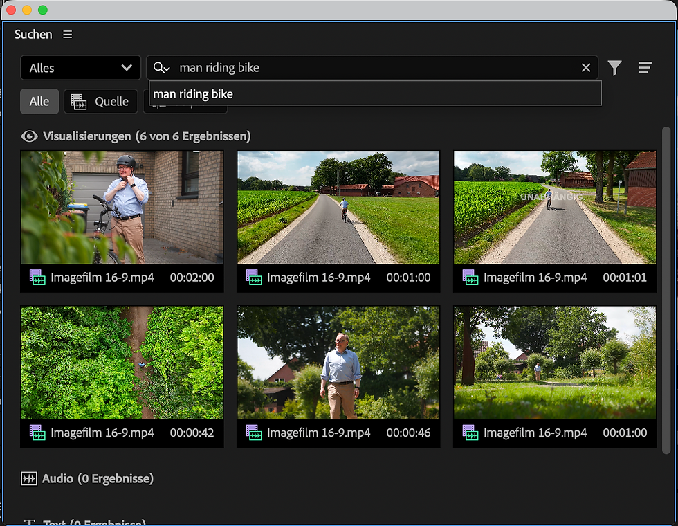 Sechs Video-Thumbnails zeigen einen Mann beim Radfahren und Gehen in ländlicher Umgebung mit Feldern, Bäumen und Häusern.