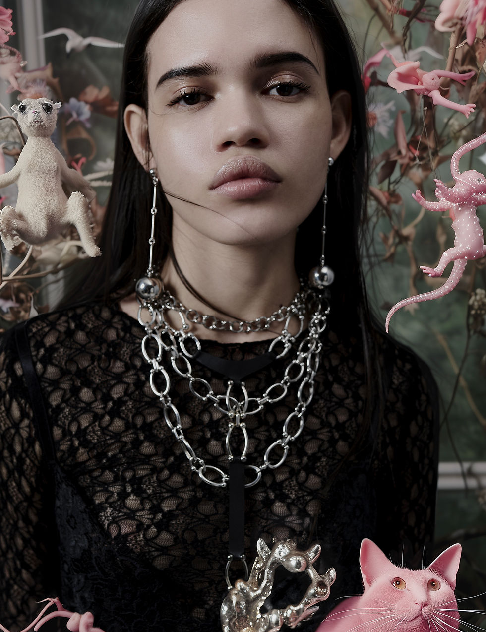 ai-fashion-art-editorial-woman-lace-chains-surreal-pink-creatures
