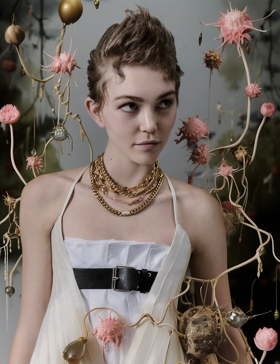 A young woman with short, styled hair gazes thoughtfully to the side, wearing layered gold chain necklaces and AI