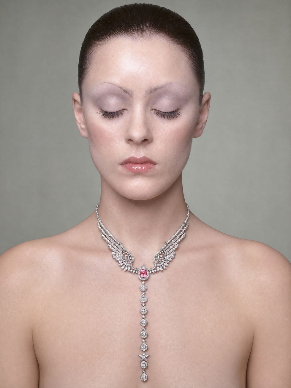 AI jewellery campaign by Vertigini Studio: a winged necklace worn on the collarbone