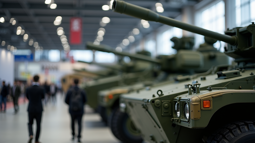 Close-up view of military equipment displayed at an international defense exposition