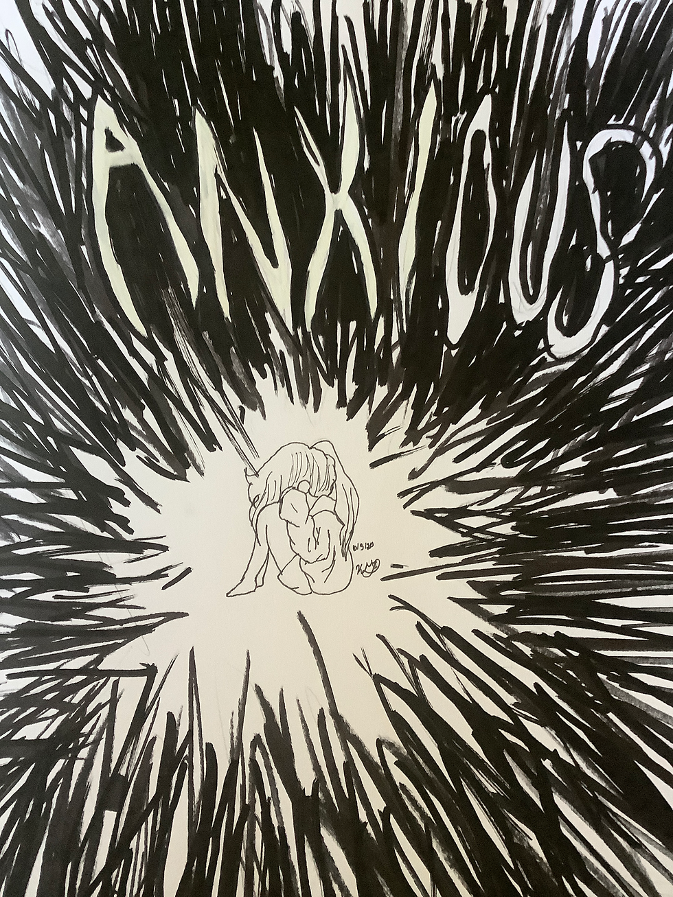 A self-portrait done by an 8th grade depicting their anxiety.