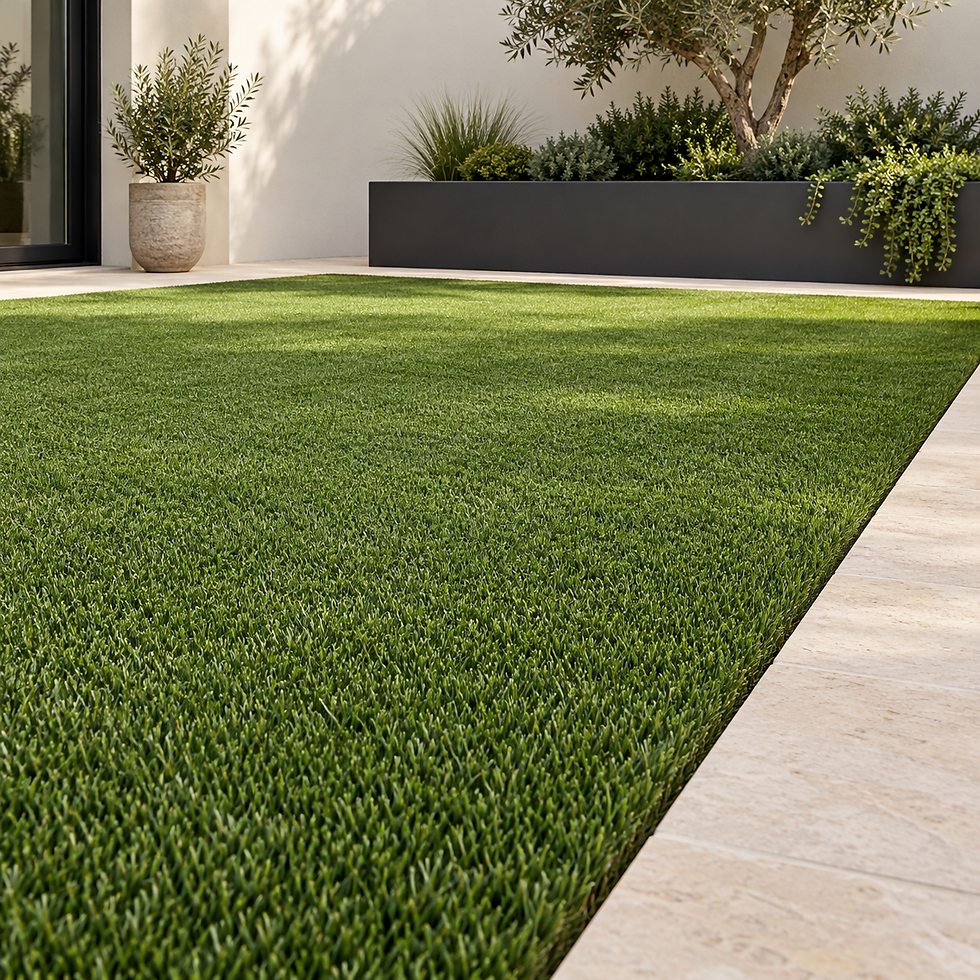 Artificial Lawn: Artificial lawn in a courtyard with raised planters.