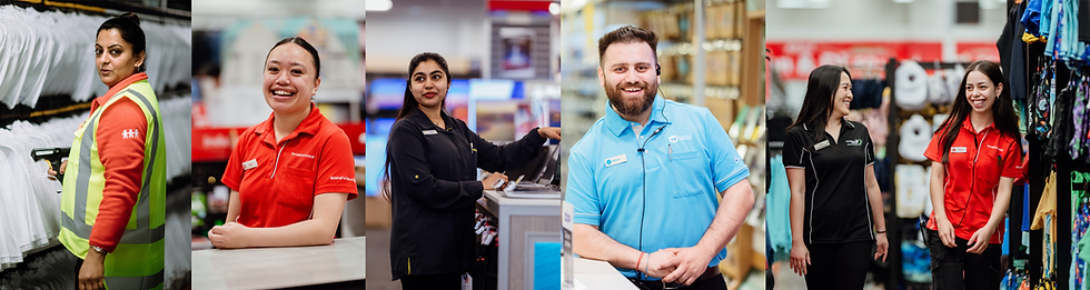 Various retail store employees smiling and posing, showcasing a diverse team. Careers in retail.