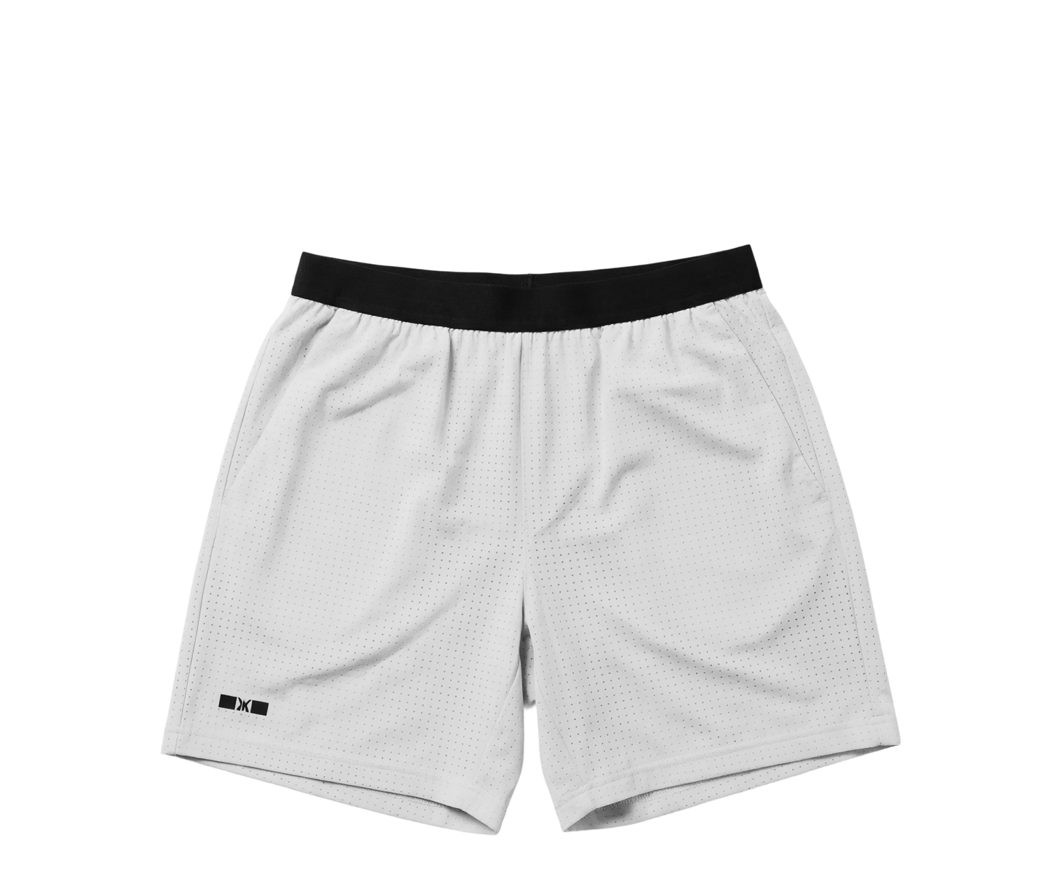 White athletic shorts with black elastic waistband