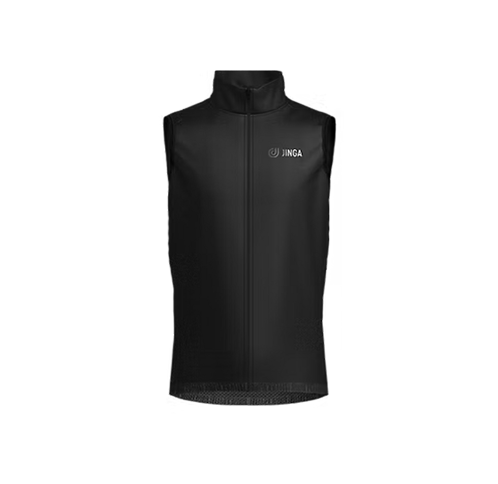 Sleeveless black cycling vest with high collar and logo