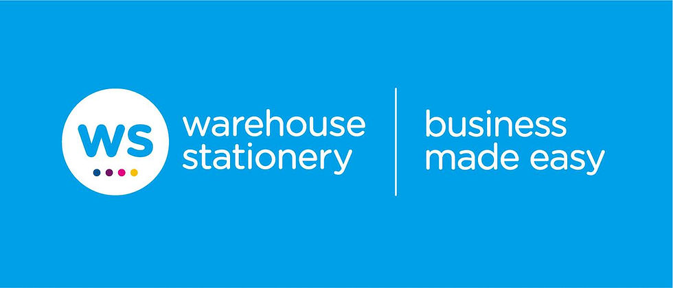 Warehouse Stationery logo featuring WS, business made easy on bright blue background.