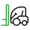Forklift icon, a green and black illustration of a warehouse machine.