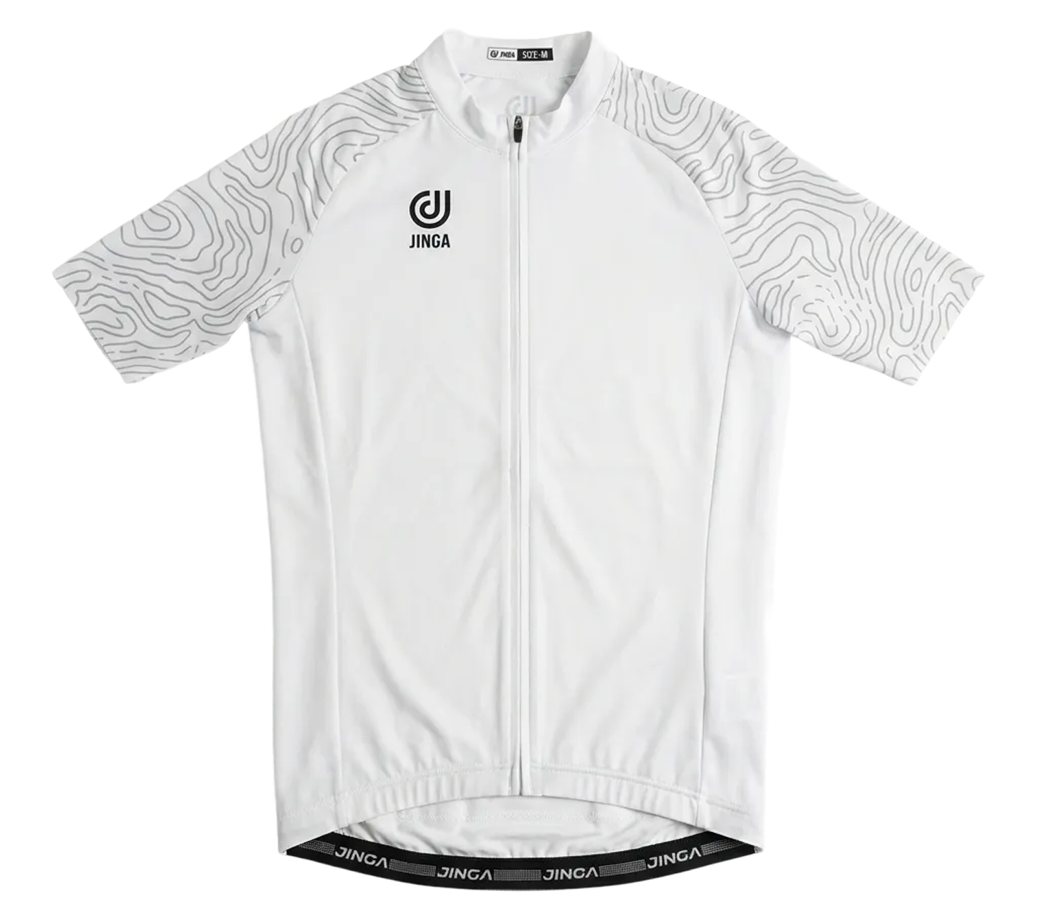 White custom design cycling jersey with patterned sleeves.