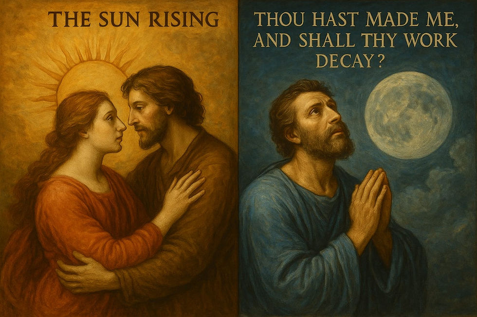  John Donne's "The Sun Rising" and "Thou hast made me, and shall thy work decay?" both explore the themes of human experience and transcendence but through different lenses—earthly love and divine 