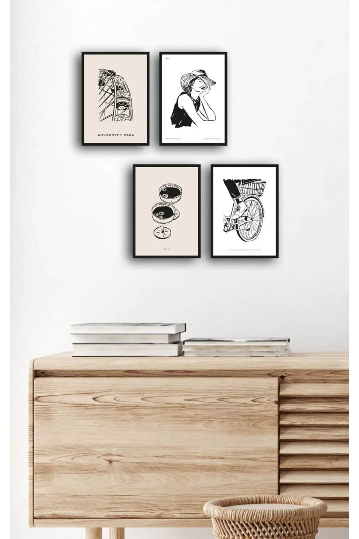 4 Parça (15X20) Uv Baskı Mdf Kadın Bisiklet Lunapark Boho Tarz Tablo Poster Set