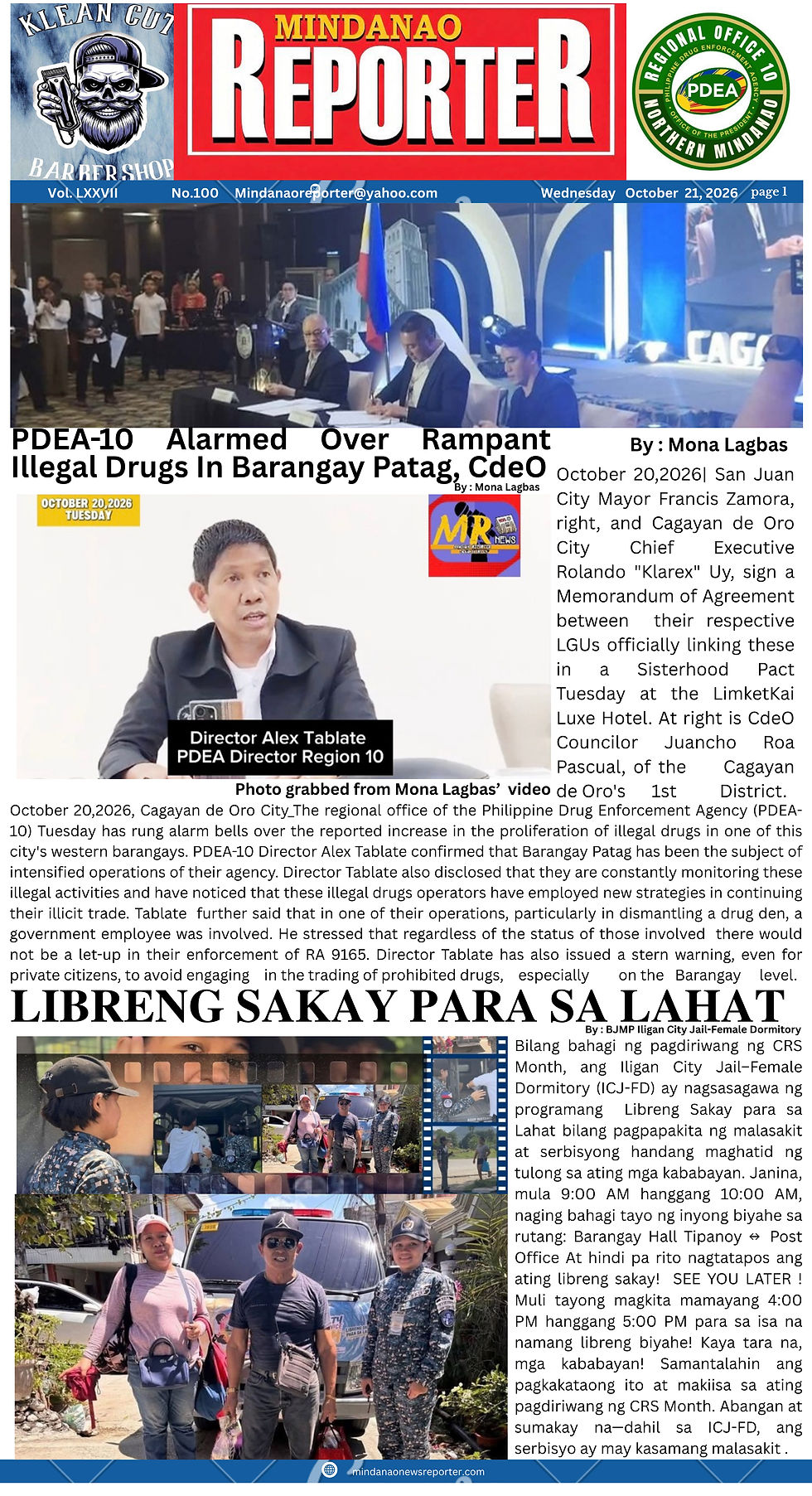Mindanao Reporter | Pages 1,2,3,4,5 ,6,7&8 Wednesday October 21, 2026. • Official Release
This edition presents verified updates and official announcements covering Cagayan de Oro City, Misamis Orie