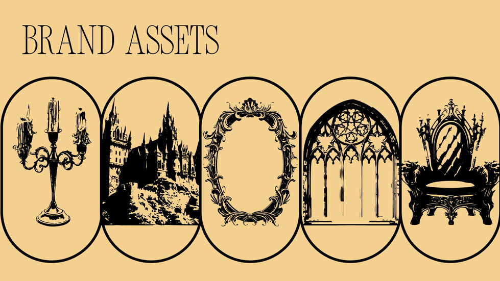 Brand assets featuring black illustrations of gothic elements, including a candelabra, mirror, castle, throne, and window, capturing a dark and elegant aesthetic