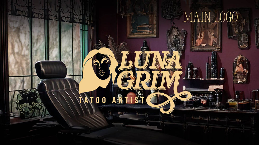 Luna Grim logo displayed at the center of a mystical tattoo shop, featuring a gothic font and a portrait of a woman reminiscent of an antique 80s gothic novel. Surrounded by moody, magical decor, the logo embodies the brand’s dark, ancient aesthetic.