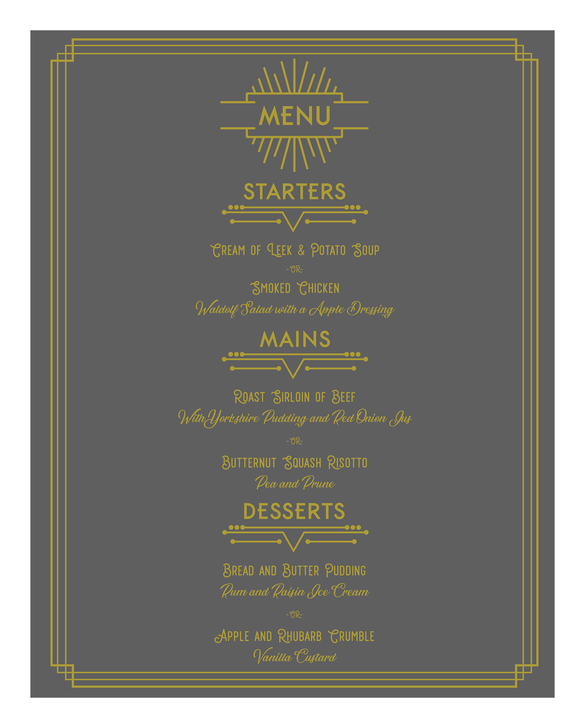 Vintage 1920s Peaky Blinders themed wedding menu