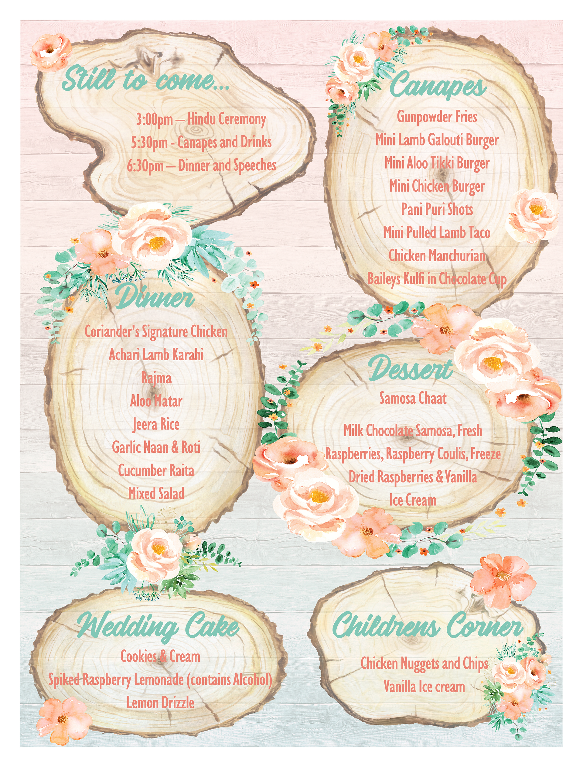 Woodland themed wedding menu