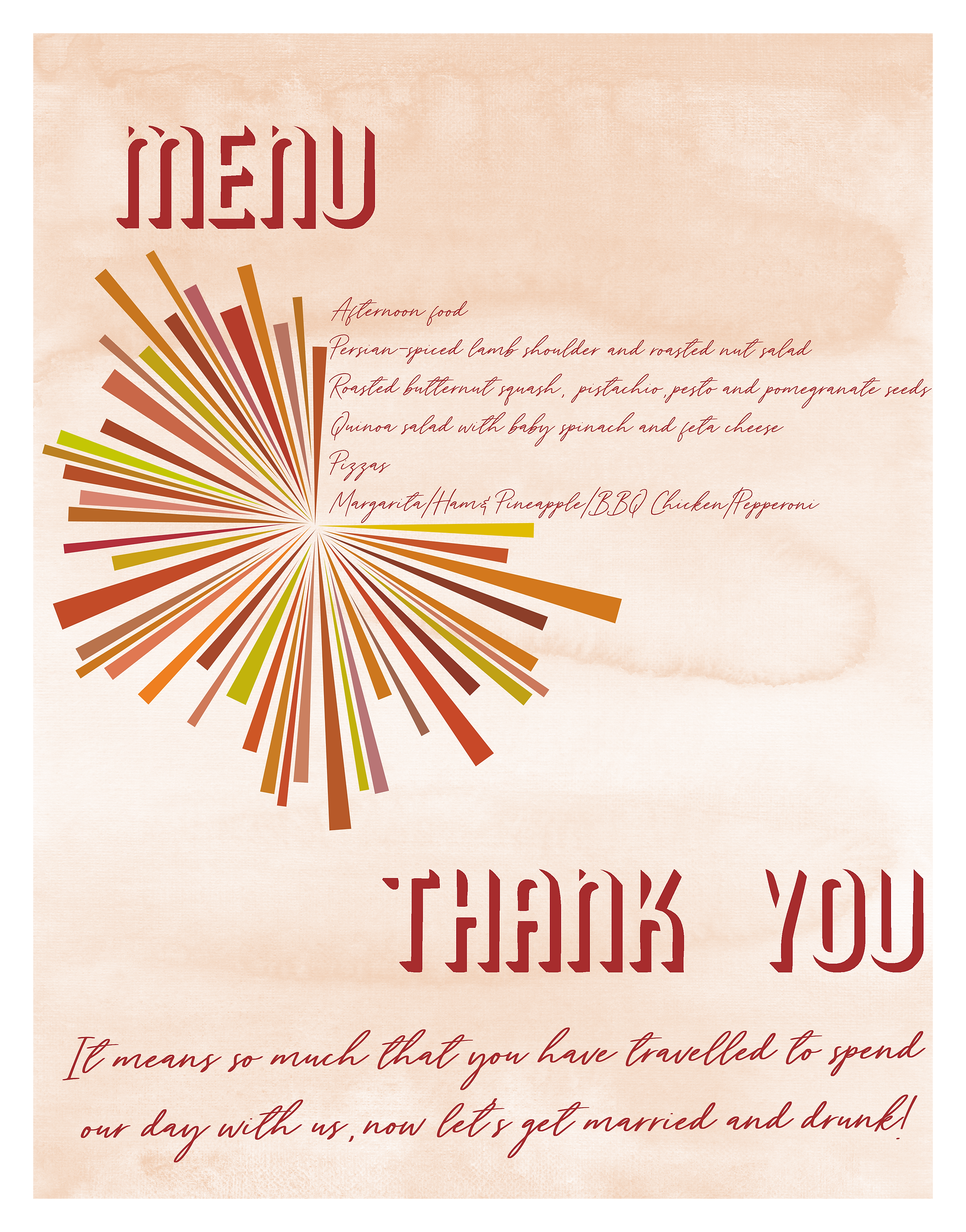 Modern and creative orange and terracotta wedding menu