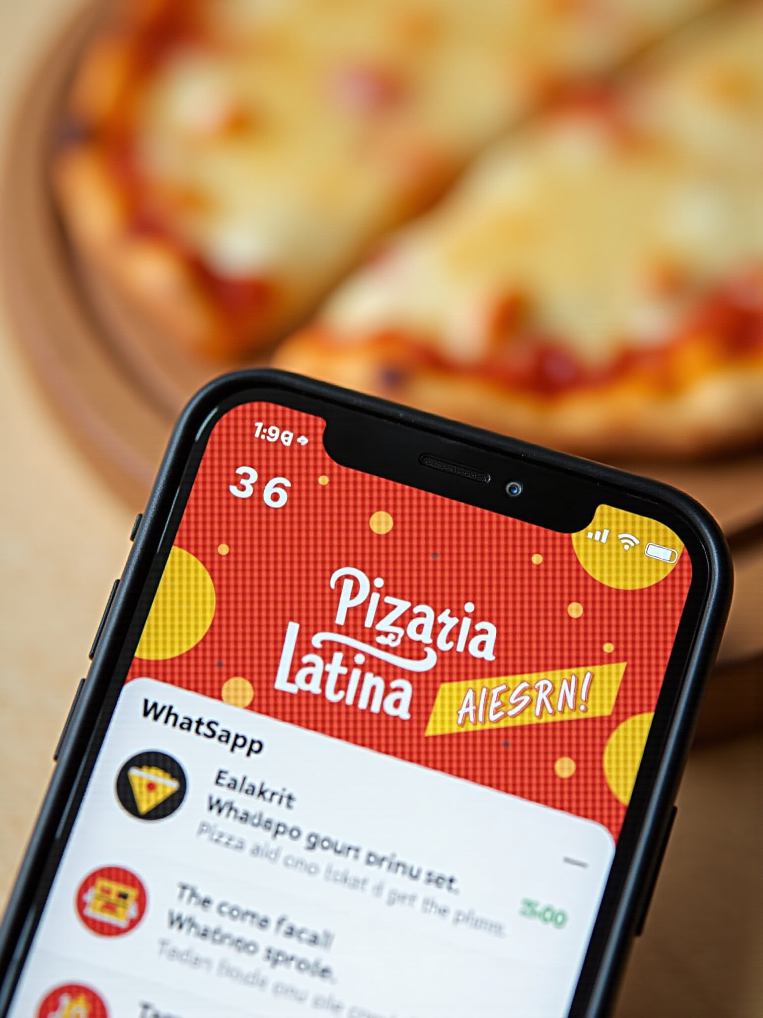 Smartphone mostrando o app da Pizzaria Latina com promoção