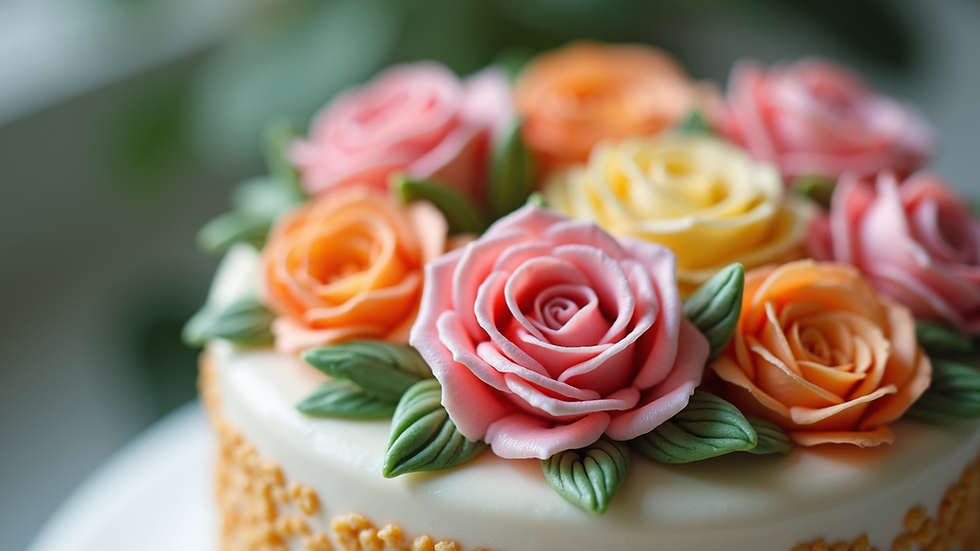Close-up view of a beautifully decorated floral cake with vibrant colors