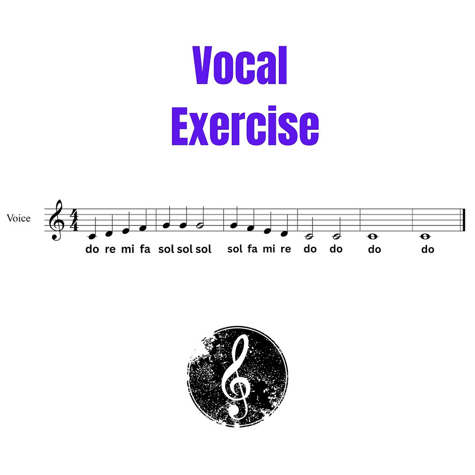Sheet music for a vocal exercise with notes and solfege syllables. "Vocal Exercise" text in purple above; treble clef symbol below.