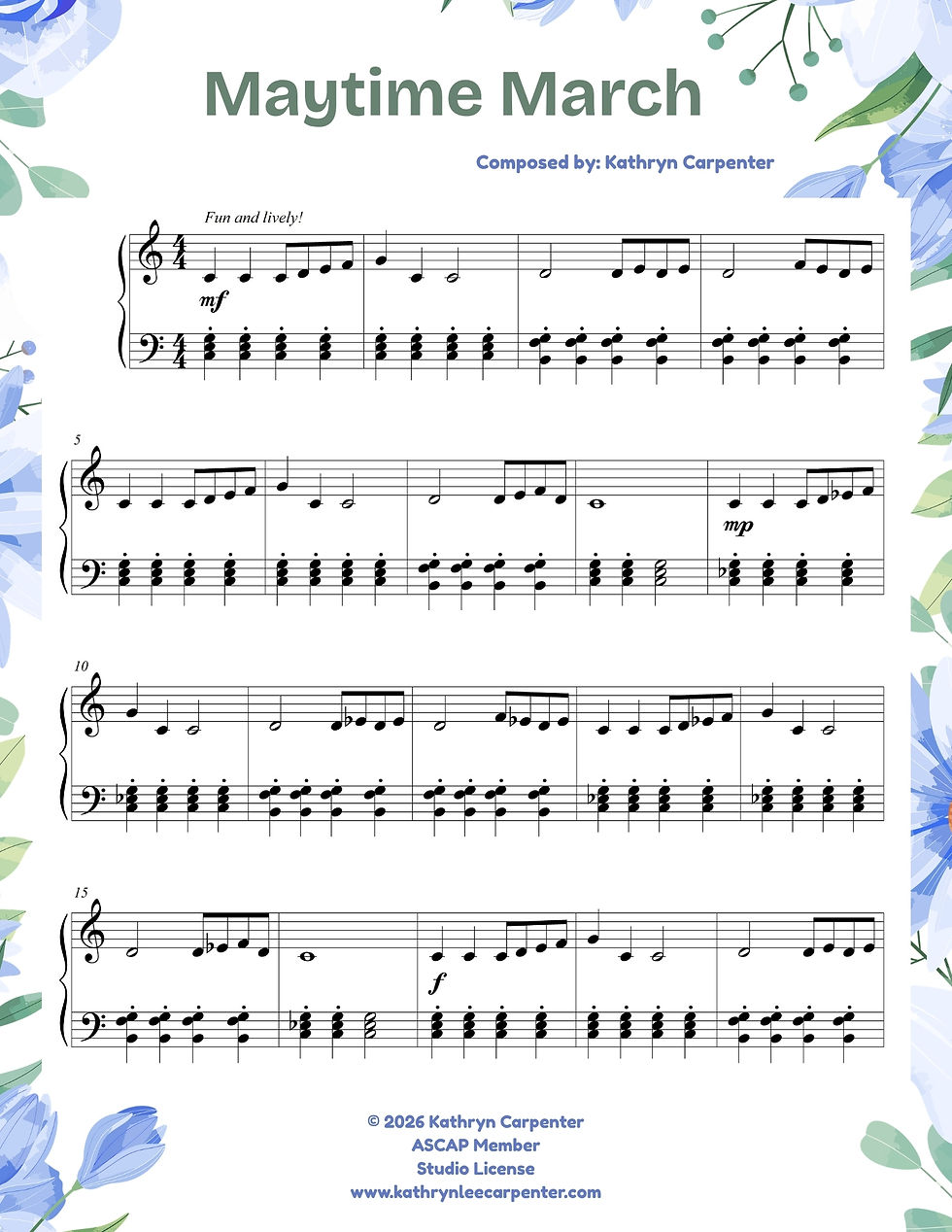 Sheet music titled Maytime March by Kathryn Carpenter, bordered with pastel flowers. The music notation is lively with text "Fun and lively!"