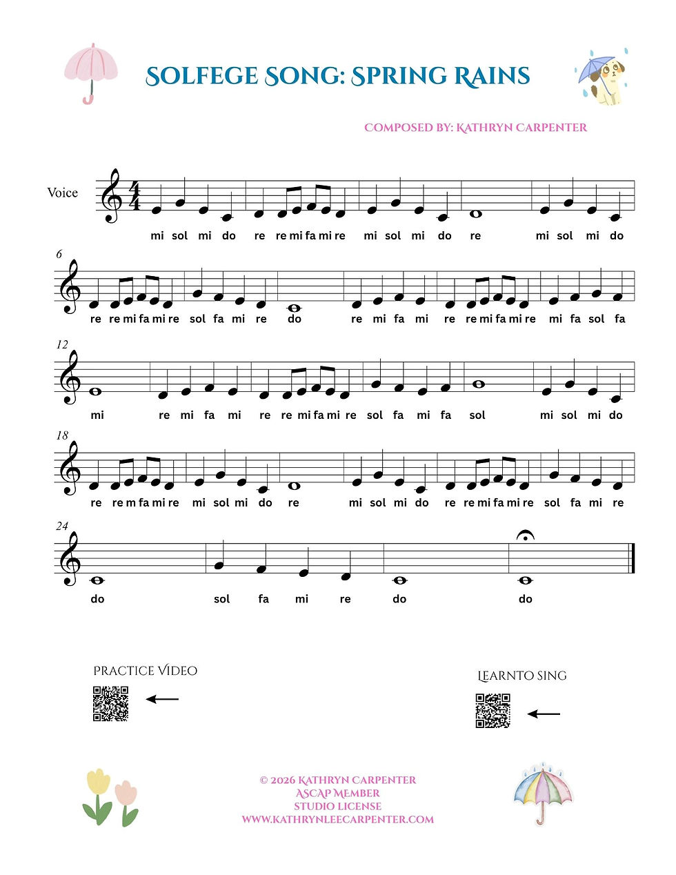 Sheet music titled "Solfege Song: Spring Rains" by Kathryn Carpenter, with musical notes, umbrellas, flowers, and QR codes for practice.