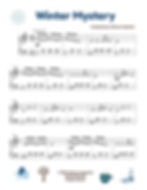 Sheet music titled "Winter Mystery" by Kathryn Carpenter. Features winter-themed graphics like snowflakes and a mug. Mood: Mysterious.