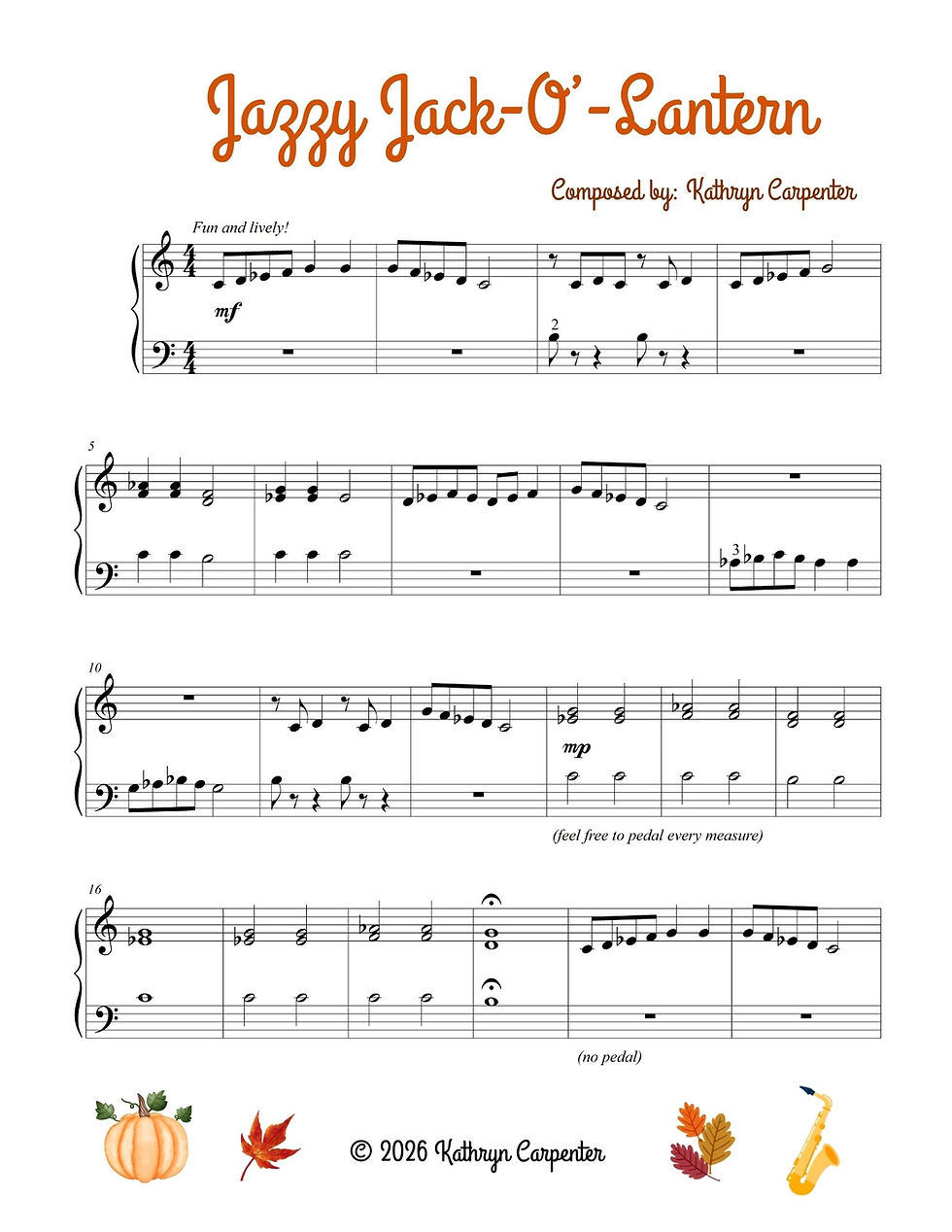 "Jazzy Jack-O'- Lantern" (FREE PDF) Easy Piano