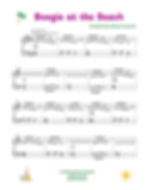 Sheet music titled Boogie at the Beach in purple. Composed by Kathryn Carpenter. Includes palm tree and sandcastle illustrations. Bright mood.