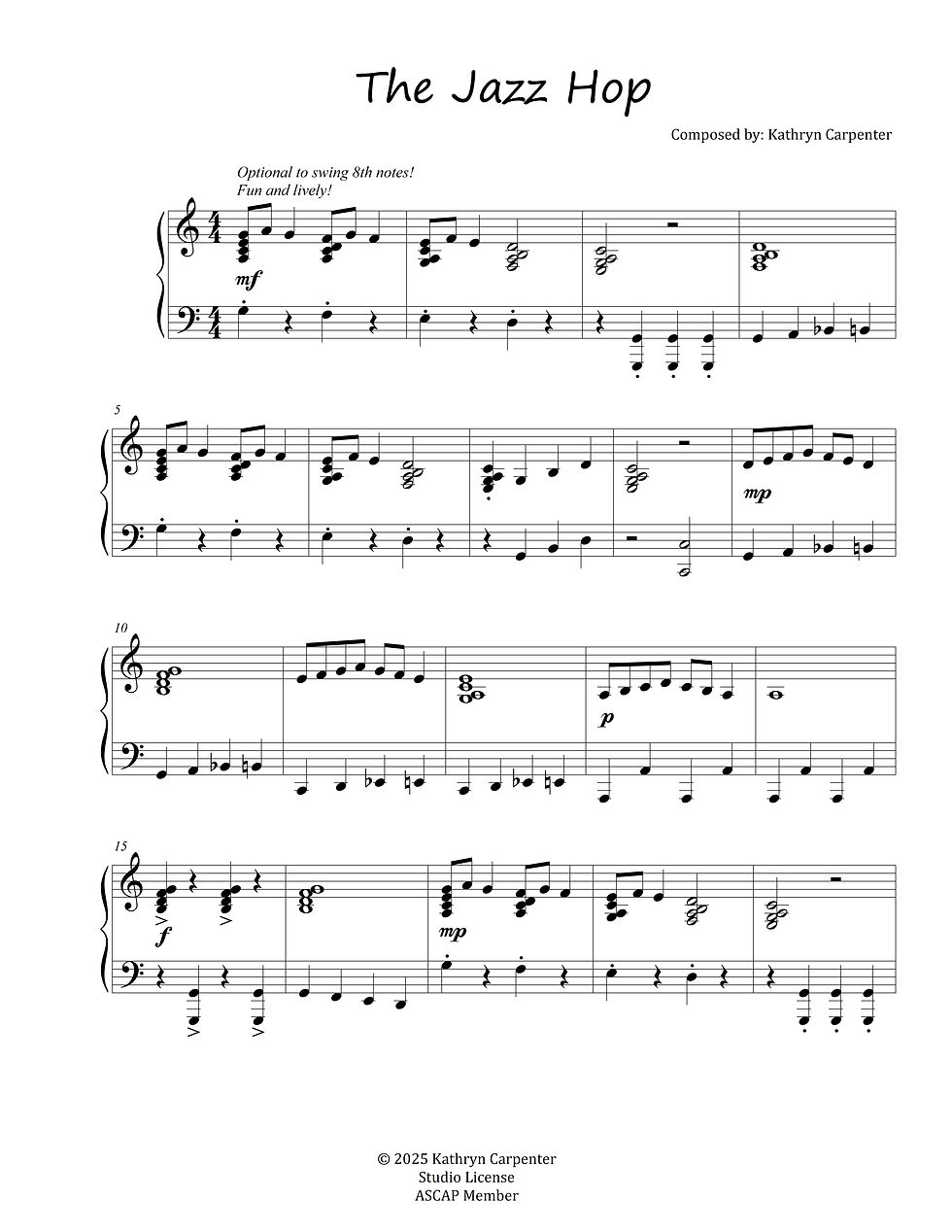 Sheet music titled "The Jazz Hop" by Kathryn Carpenter. It features lively notes, suggesting fun. Includes performance instructions.