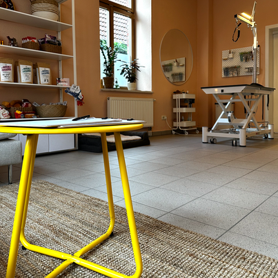 Blick vom gemütlichen Empfangsbereich in den offenen Frisier-Bereich