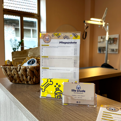 Detailansicht des Empfangtresens mit Visitenkarten und Pflegepaket-Flyer, im Hintergrund ist der Frisiertisch zu erkennen