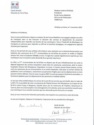 Accès à l’hôpital Simone Veil d’Eaubonne : Cécile RILHAC interpelle la Présidente d’IDF Mobilités