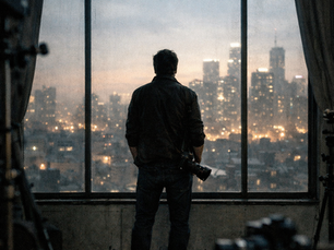fotógrafo na janela observando a cidade grande