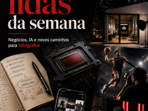 Arte editorial das mais lidas da semana sobre negócios para fotógrafos, inteligência artificial, marketing, fotografia esportiva e novos modelos de estúdio.