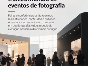 Público circulando em uma feira profissional de fotografia, tecnologia e conteúdo, com estandes e áreas de conferência.
