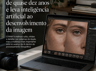 Mesa de edição fotográfica com laptop exibindo uma comparação de processamento RAW em close de rosto, câmera, cartão de memória e elementos de trabalho em uma composição editorial minimalista.