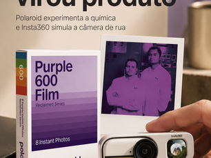Composição editorial com filme Polaroid Purple 600 e câmera Insta360 retrô, representando o retorno da estética analógica na fotografia digital e instantânea