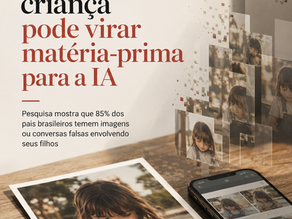 Fotografia impressa de uma criança ao lado de um celular e fragmentos digitais que representam o uso de imagens por inteligência artificial.