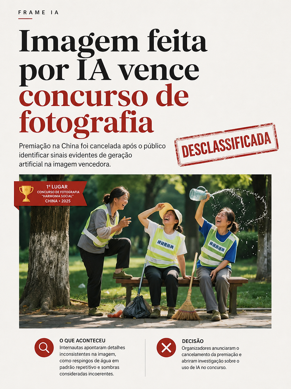 Imagem criada por IA com três trabalhadoras da limpeza em um parque, vencedora e depois desclassificada de concurso de fotografia na China.