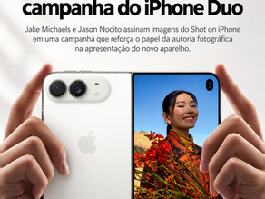 iPhone Duo aberto sendo segurado pelas mãos em campanha sobre fotógrafos contratados pela Apple para o Shot on iPhone