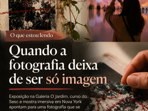 Colagem visual com fotografia bordada, fios vermelhos, plantas e ambiente imersivo, representando a fotografia expandida como matéria, memória e experiência.