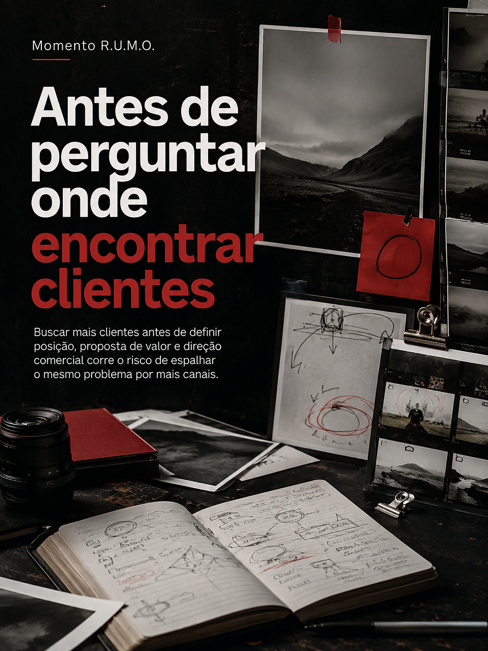 Capa editorial do Momento R.U.M.O. sobre prospecção de clientes para fotógrafos, posicionamento e proposta de valor.