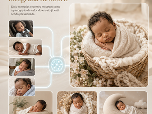 Arte editorial sobre inteligência artificial transformando registros comuns de bebê em composições de fotografia newborn profissional.